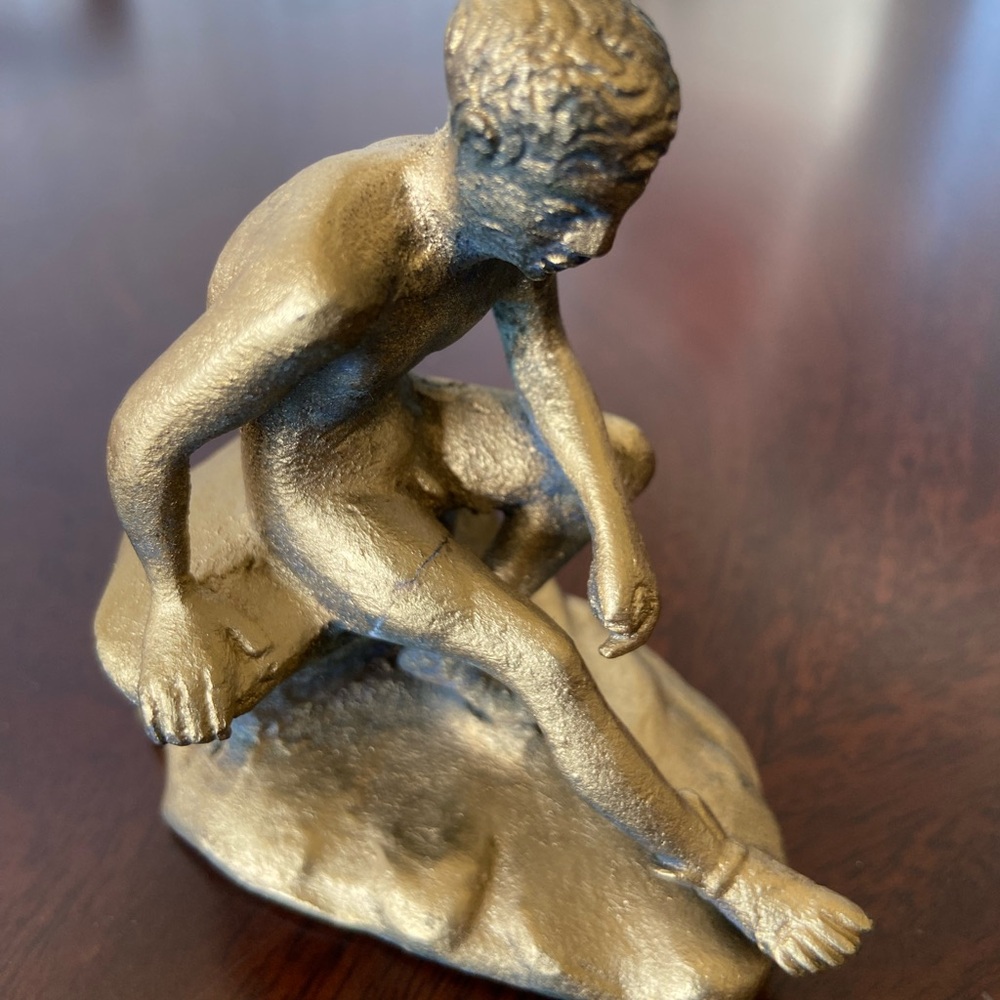 Elegant Vintage Bronze Sculpture 3”-3.7” of a Young Hermes Seated Italian